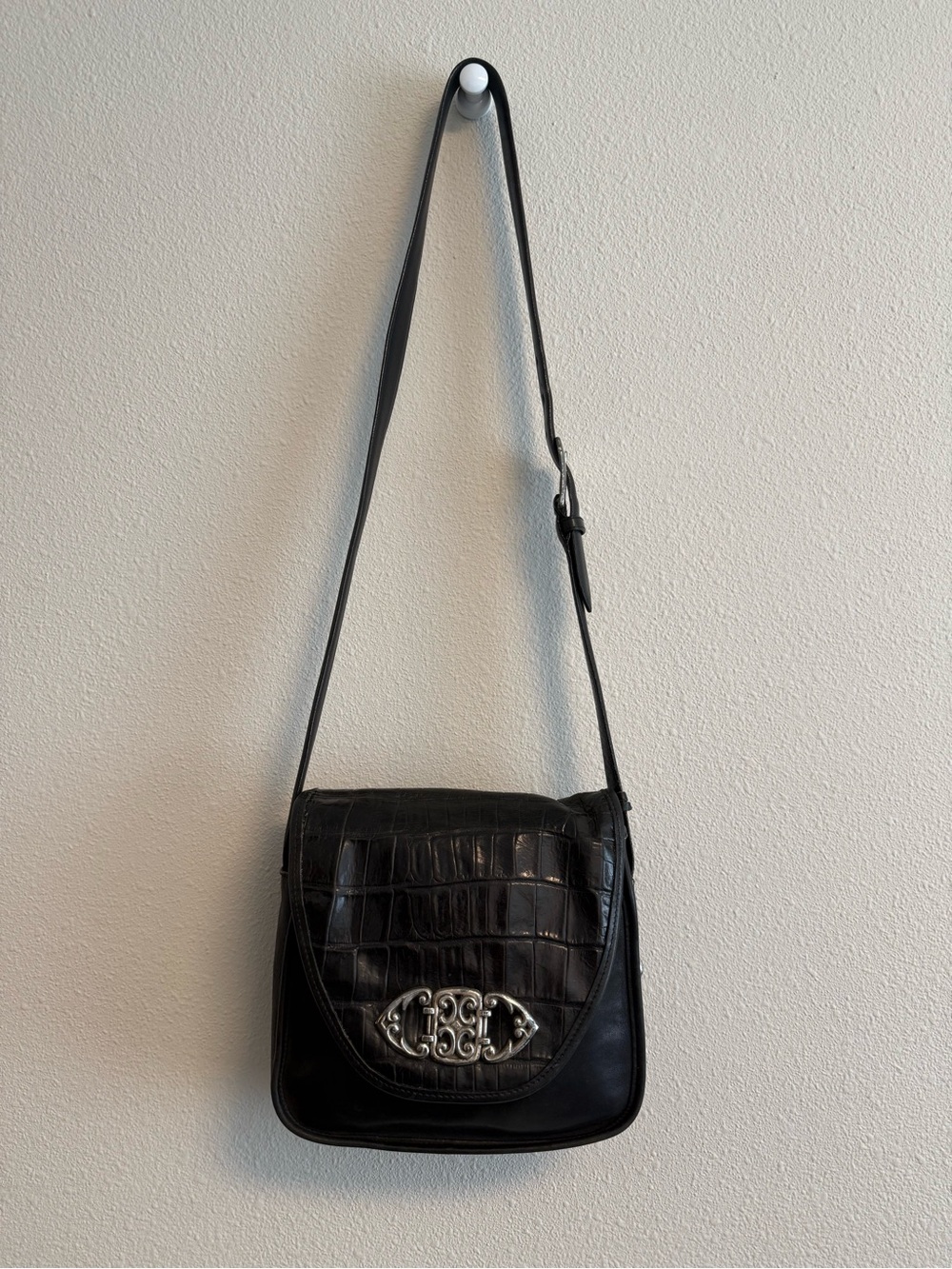 Brighton Black Croc-Embossed Leather Flap Crossbody Bag Serial #003985